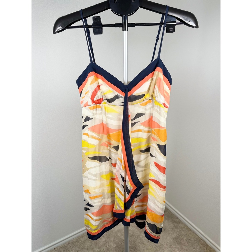 BCBGMAXAZRIA Silk Abstract Print Mini Hanker chief Dress Orange‎ Navy Yellow